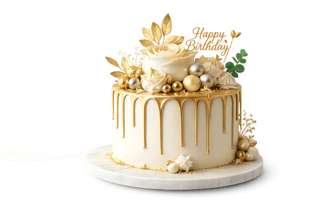 Luxury Cafe 7 celebration cake with gold details on a marble base